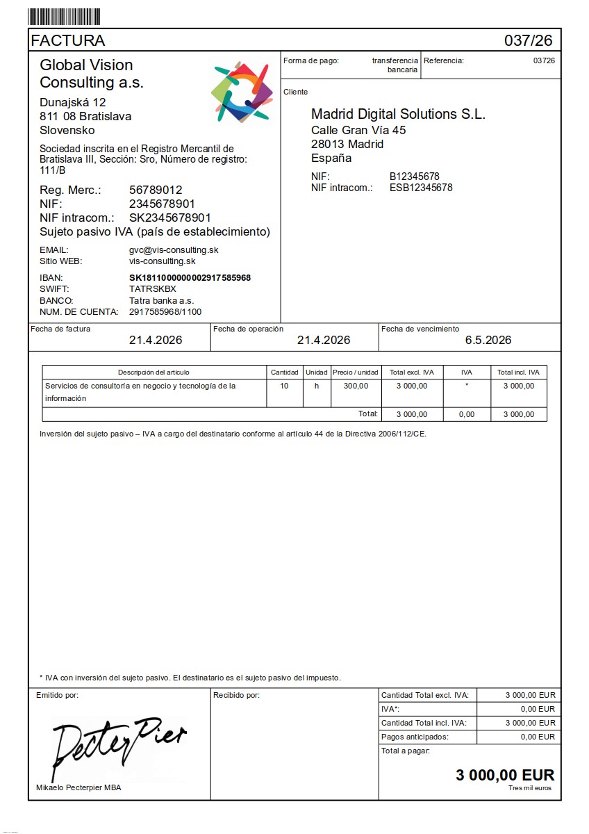 Vzor faktúry v Španielčina (Factura) – faktúra do ES