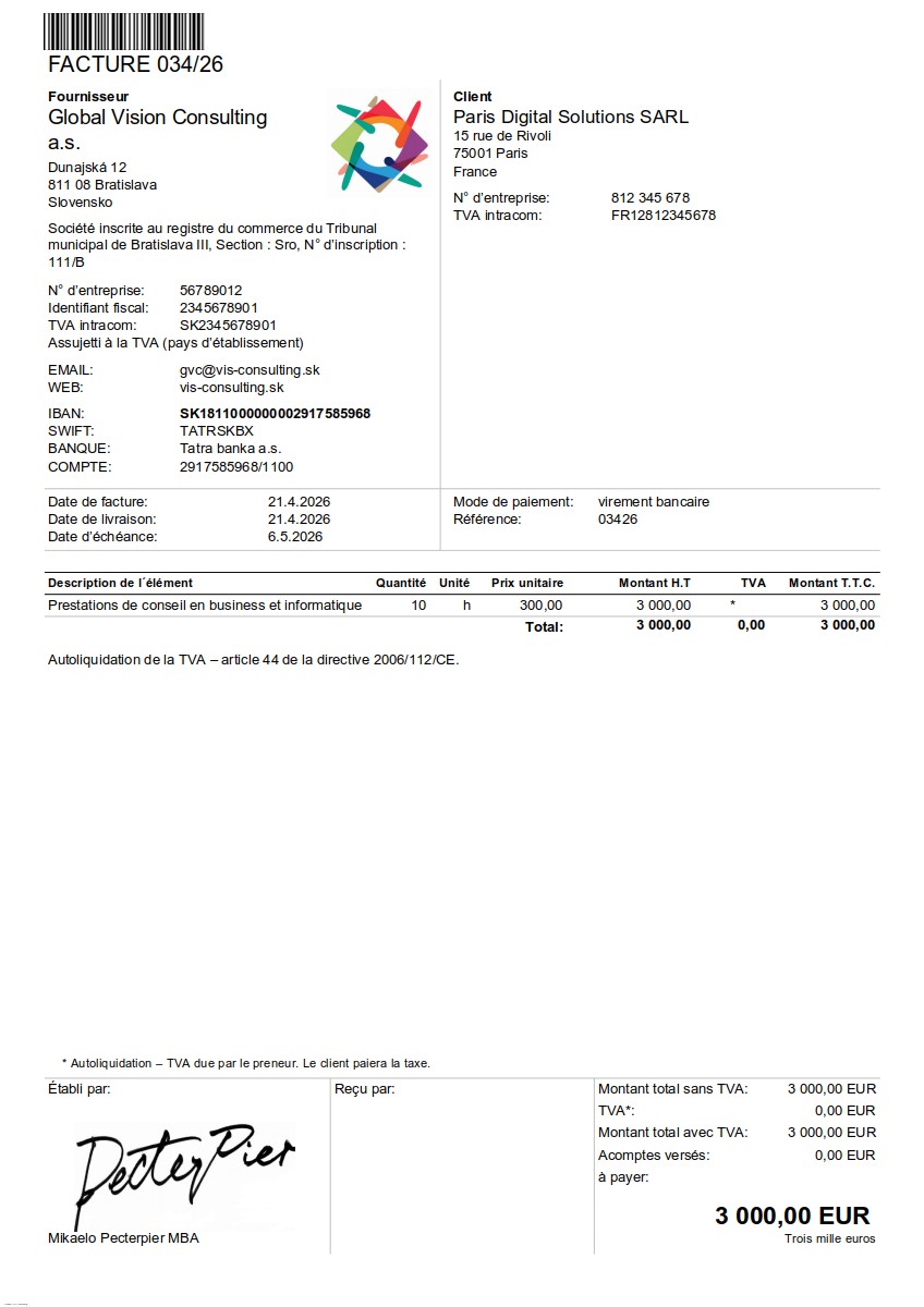 Vzor faktúry v francúzština (Facture) – faktúra do FR