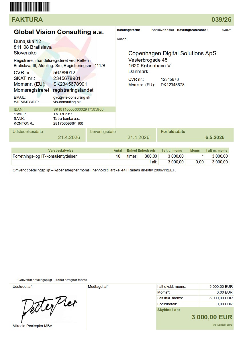 Vzor faktúry v dánčina (Faktura) – faktúra do DK