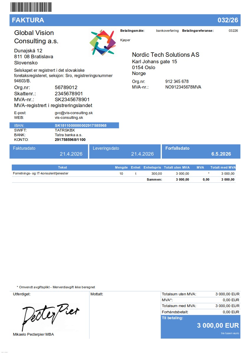 Vzor faktúry v nórčina (Faktura) – faktúra do NO