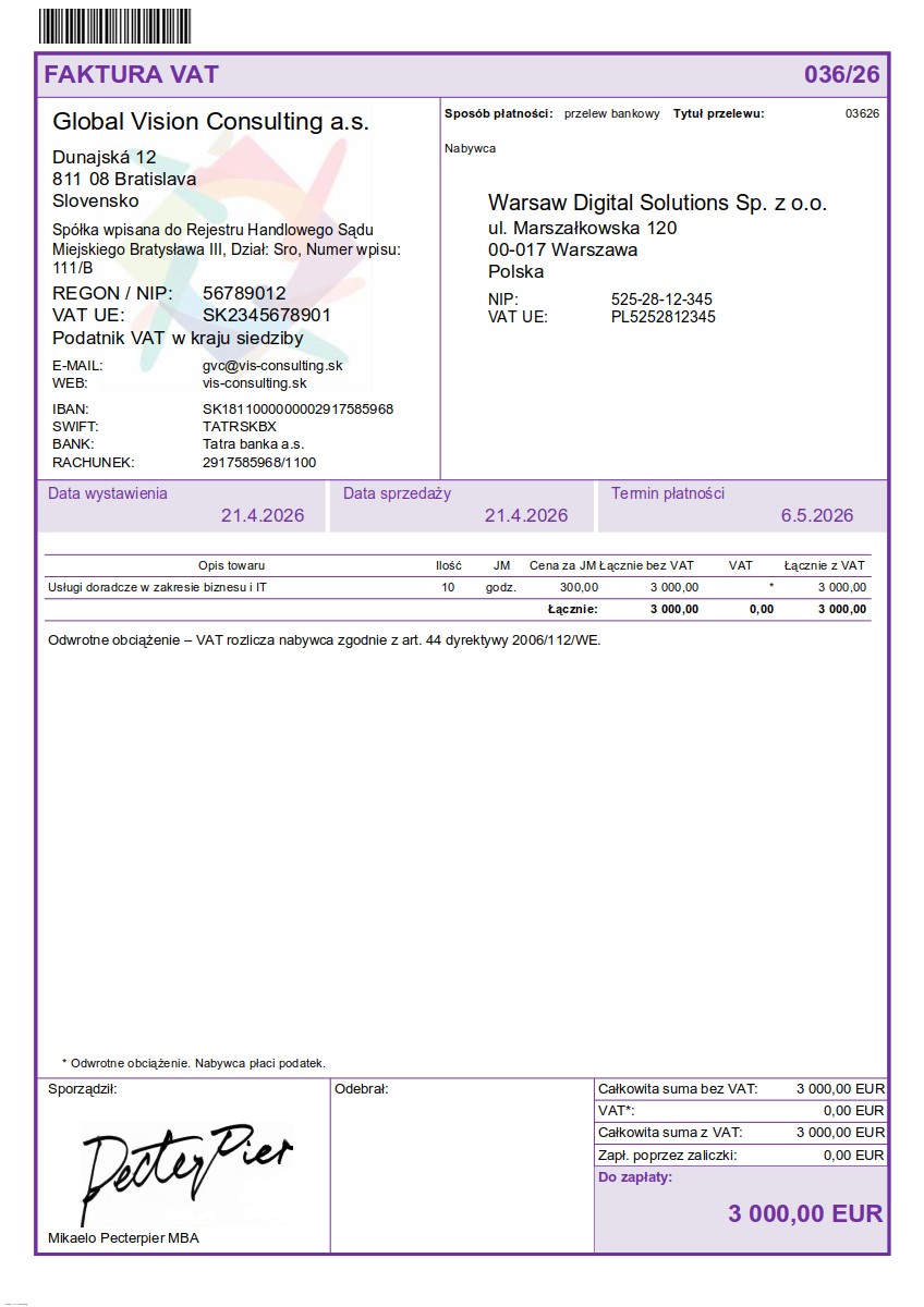Vzor faktúry v poľština (Faktura) – faktúra do PL