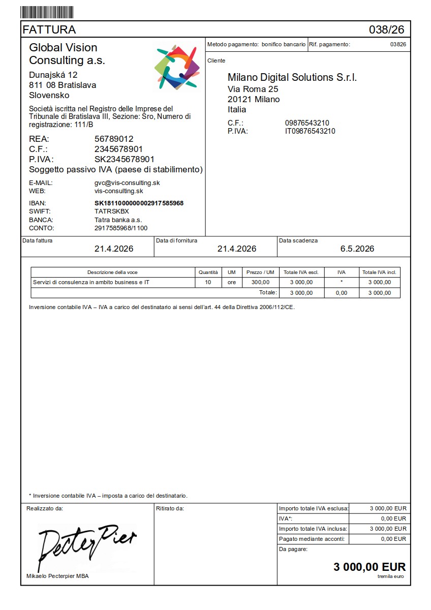 Vzor faktúry v taliančina (Fattura) – faktúra do IT