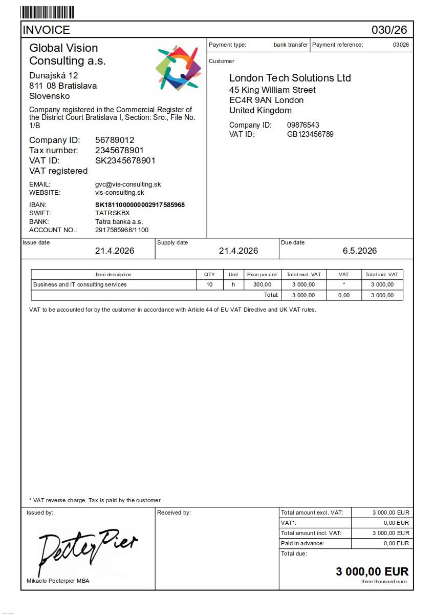 Vzor faktúry v angličtina (Invoice) – faktúra do UK, US, CA, AU, NZ