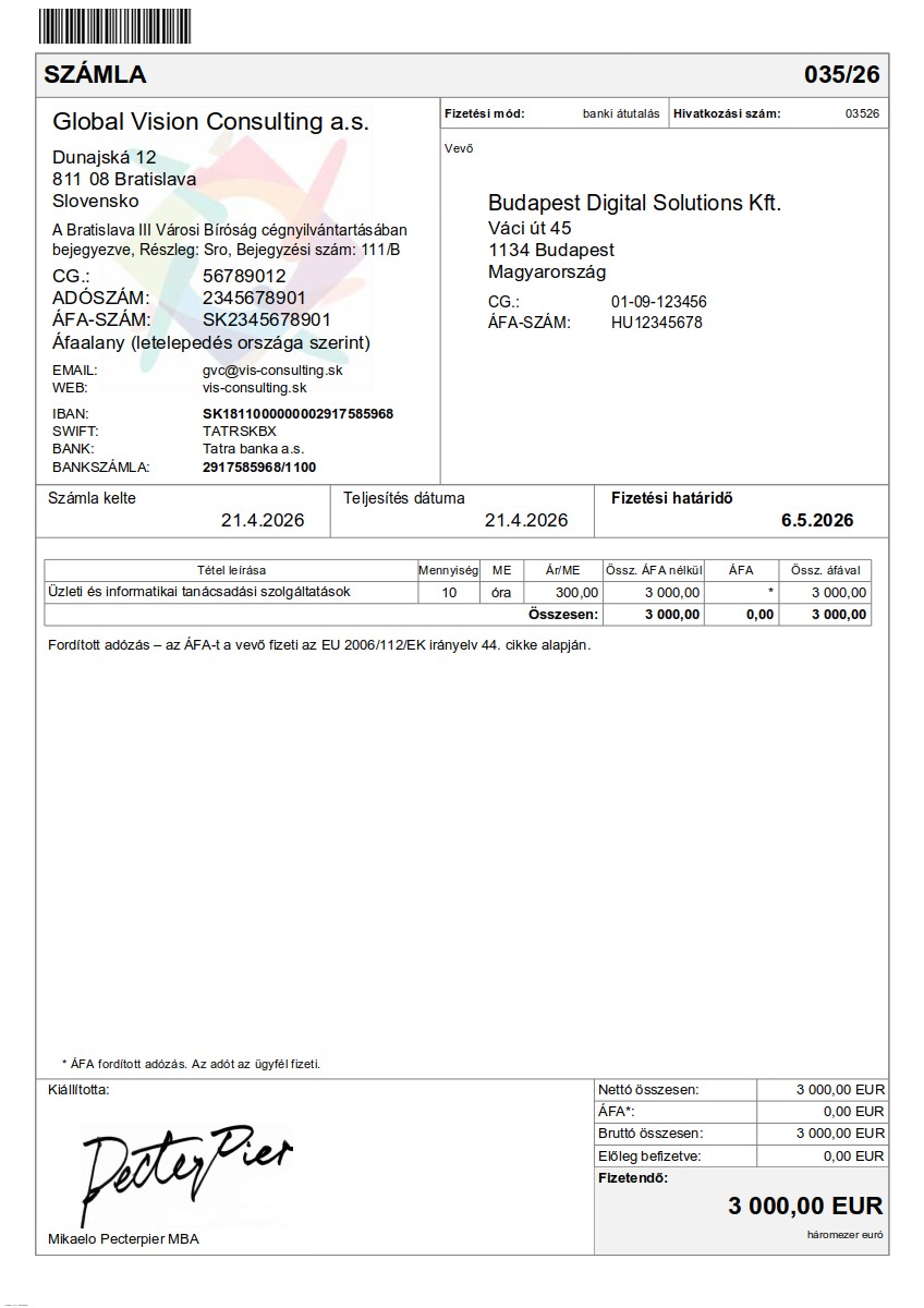 Vzor faktúry v maďarčina (Számla) – faktúra do HU